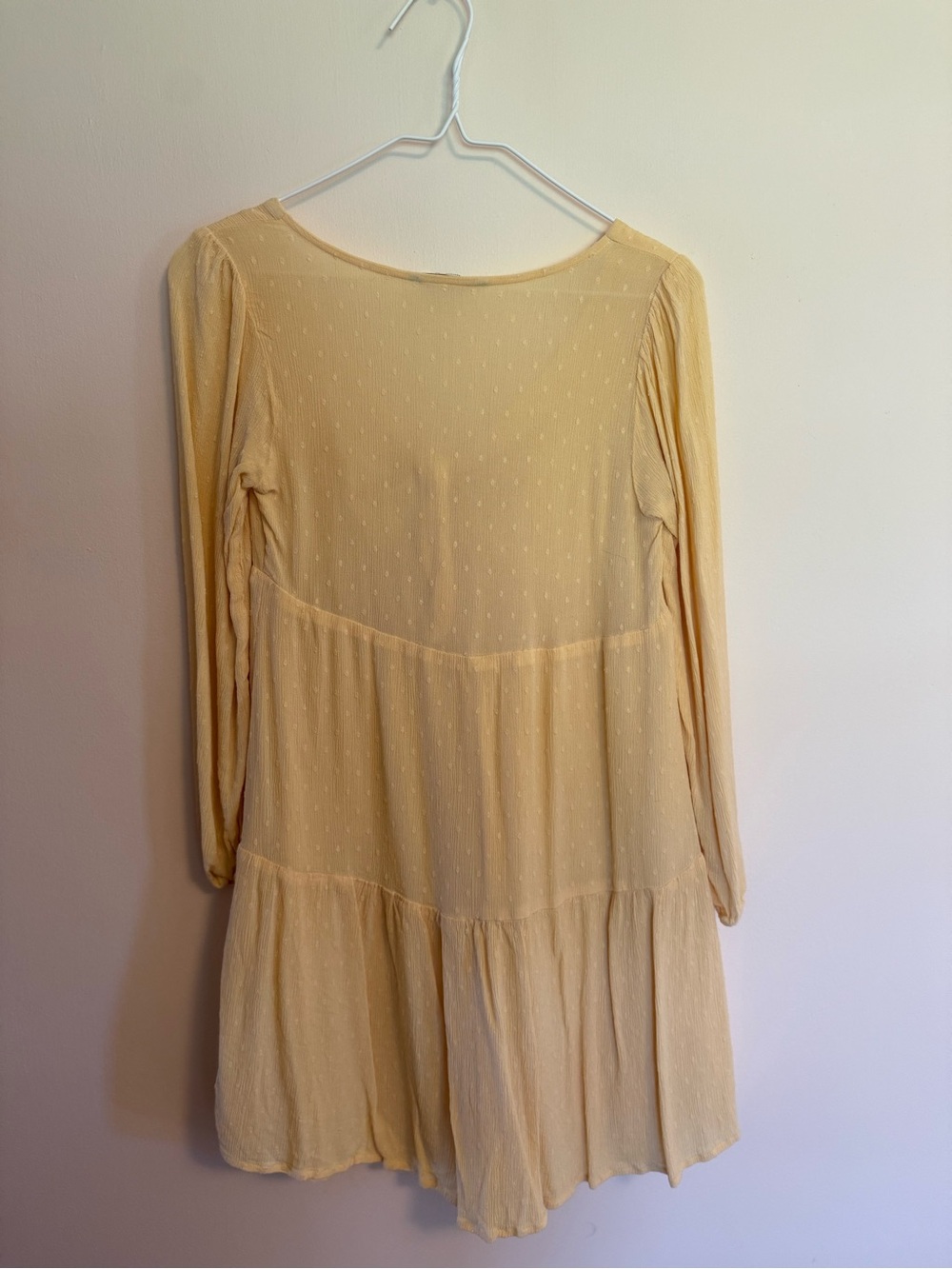 American Eagle Outfitters Light Yellow Tie-Front Long Sleeve Tiered Dress - Picture 2 of 3